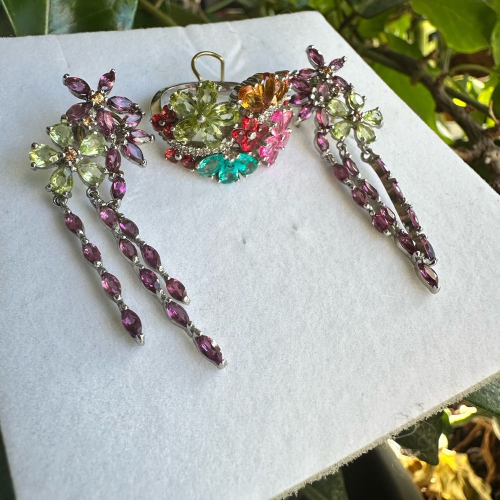 Sterling silver Topaz, Peridot, Garnet and Amethyst Flower Jewelry - Picture 2 of 3
